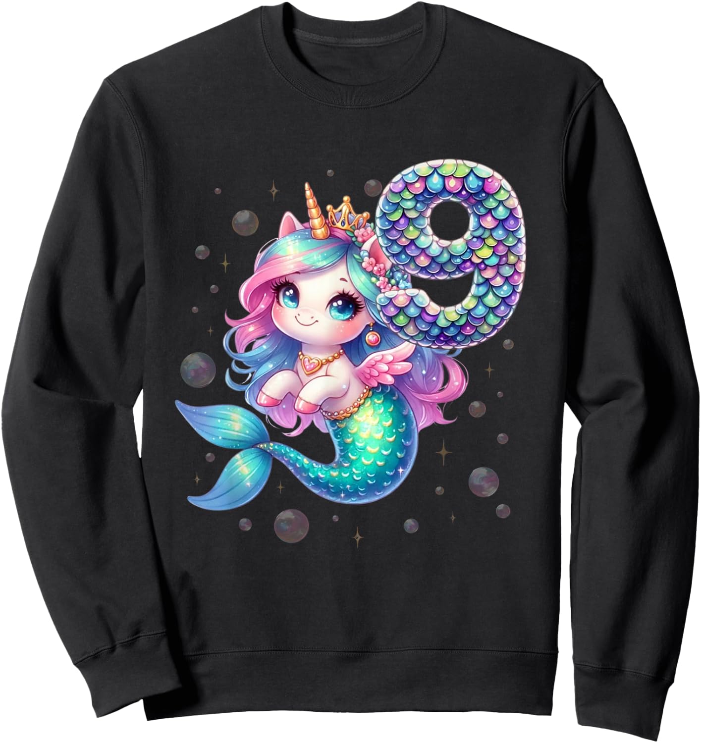 Unicorn Mermaid 9th Birthday 9 Year Old Party Girls Outfit Sweatshirt - Sweatshirt | Black