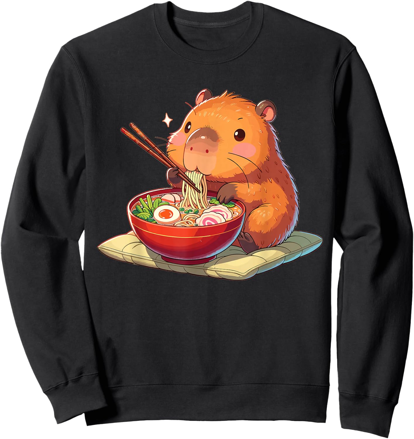 Cute Capybara Eats Ramen Noodles Capybara Ramen Sweatshirt - Sweatshirt | Black