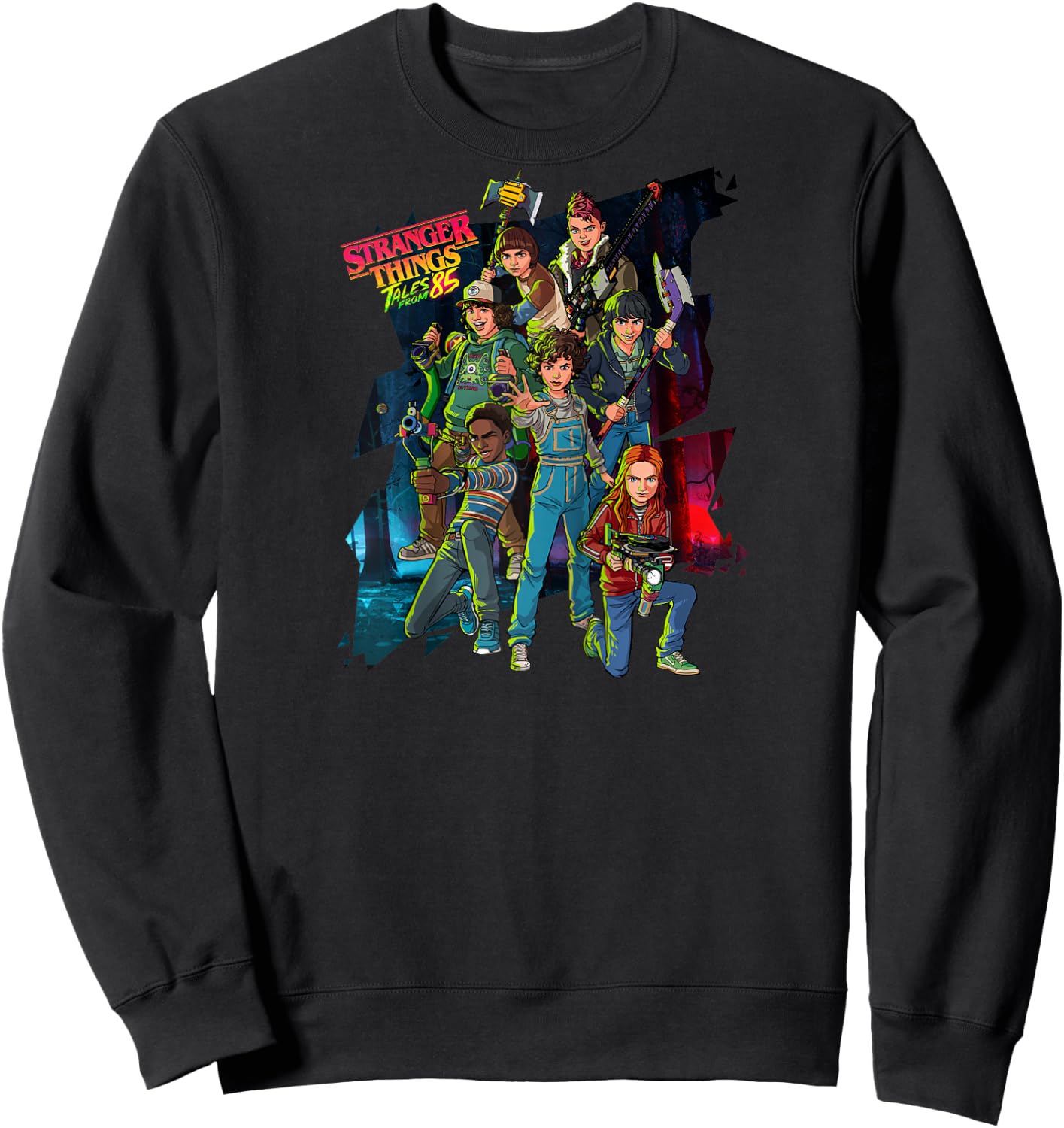 Stranger Things Tales from '85 Animated Character Group Shot Raglan Baseball Sweatshirt - Sweatshirt | Black