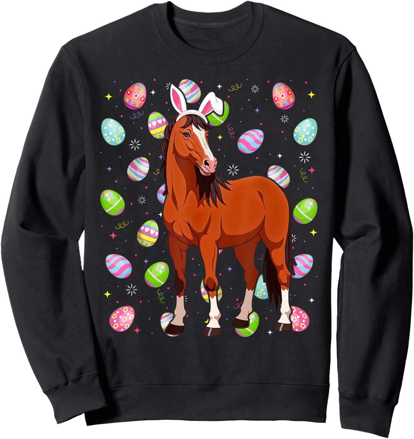 Horse Happy Easter Egg Hunt Bunny Ear Horse Easter Sweatshirt - Sweatshirt | Black