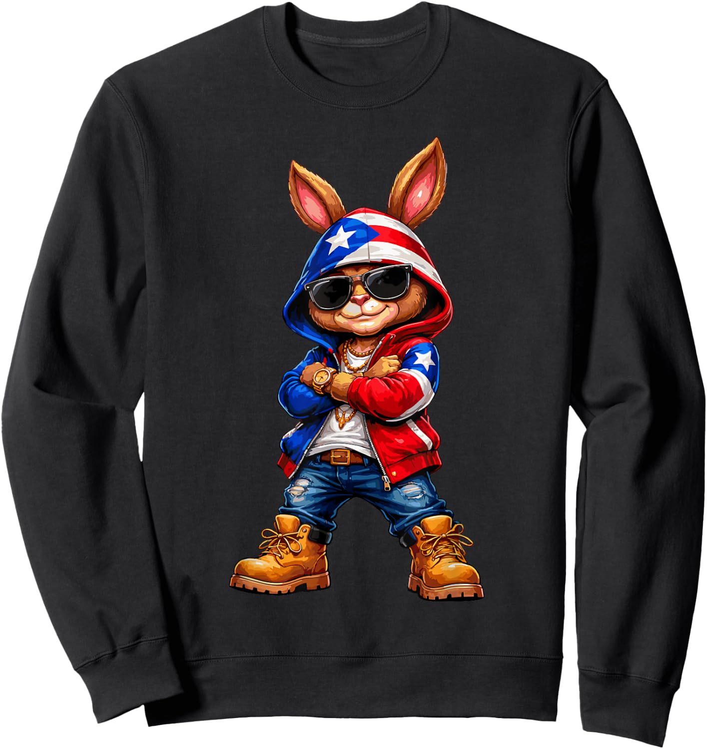 Cool Bunny Puerto Rican Flag Funny RABIT Vibes Boricua Sweatshirt - Sweatshirt | Black
