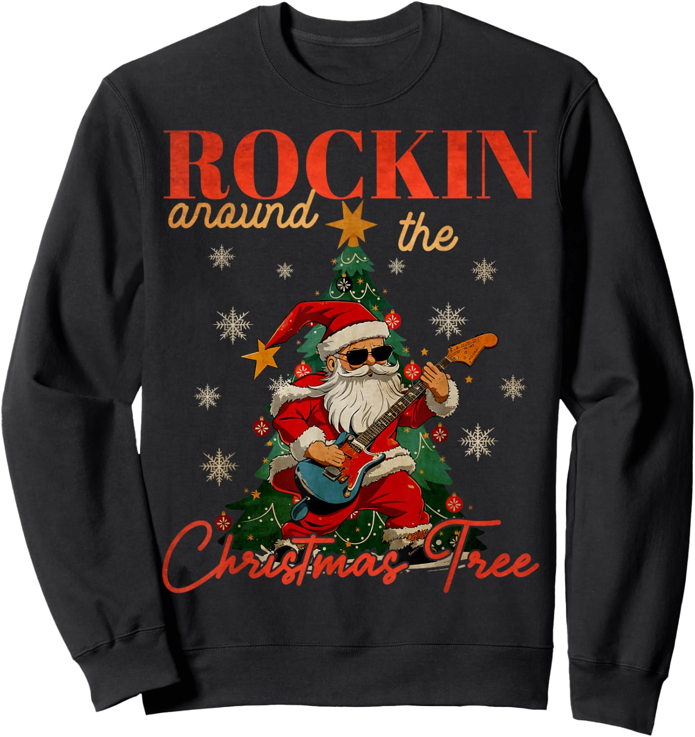 Rocking Around The Christmas Tree Santa Rock and Roll Guitar Sweatshirt - Sweatshirt | Black