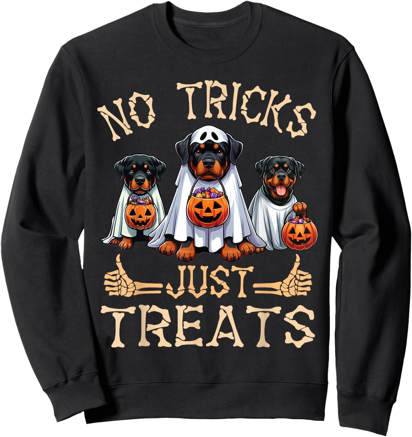 Rottweiler Dog Ghosts Pumpkin Candy No Tricks Just Treats Sweatshirt - Sweatshirt | Black