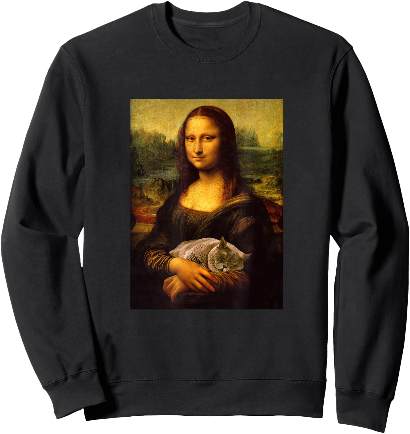 Cool Sarcastic Mona Lisa Carrying Her Cat Graphic Designs Sweatshirt - Sweatshirt | Black