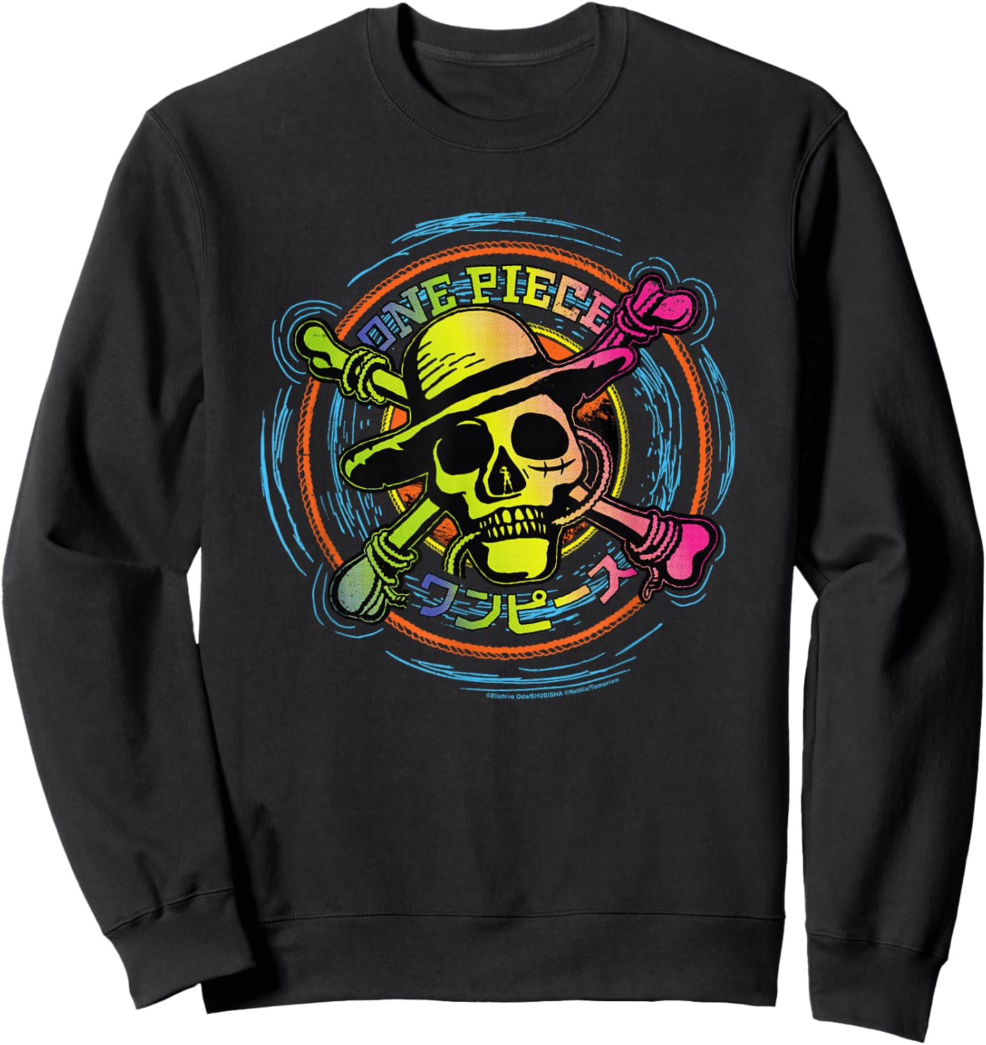 Straw Hat One Piece Anime Pirates Color Logo Kanji , Black, S Sweatshirt - Sweatshirt | Black