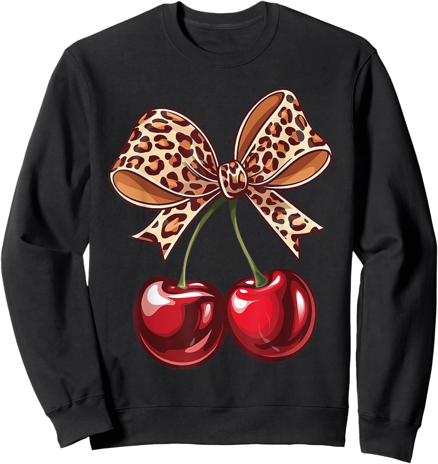 Coquette Cherry Leopard Ribbon Bow Women Girls Sweatshirt - Sweatshirt | Black