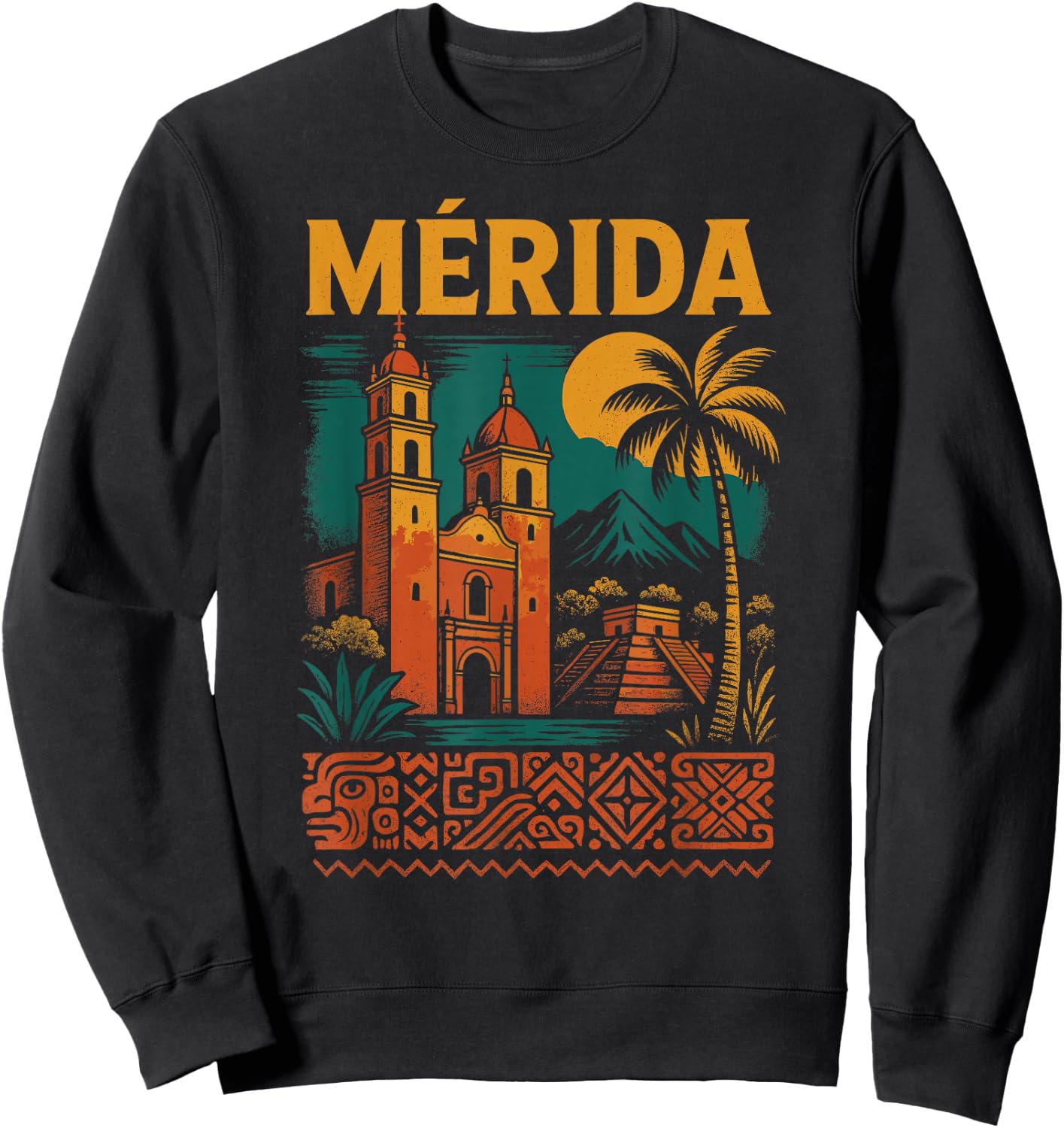 Merida Mexico Retro Yucatan Travel Art Cathedral Mexican Sweatshirt - Sweatshirt | Black