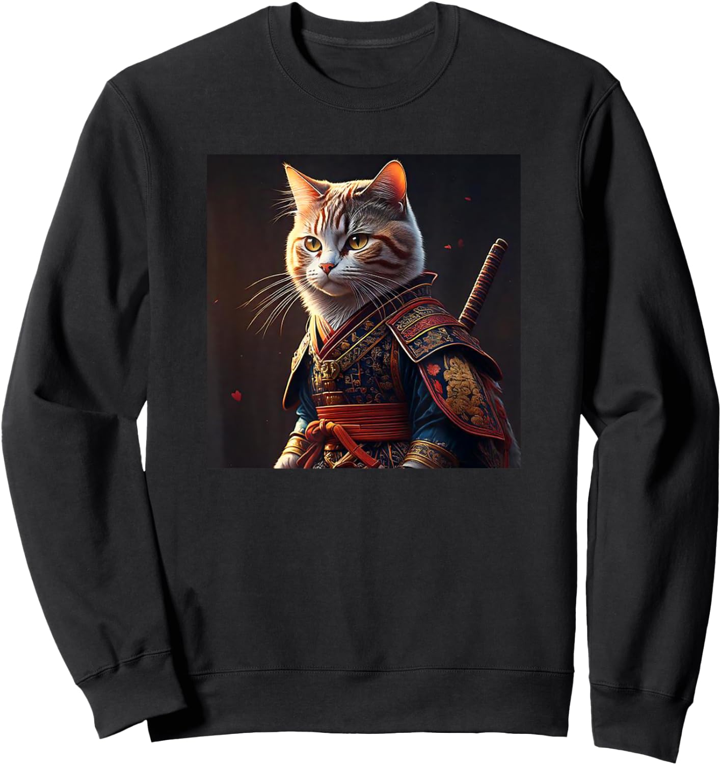 Kawaii Samurai Cat Portrait - Vintage Japanese Art Anime Cat Sweatshirt - Sweatshirt | Black