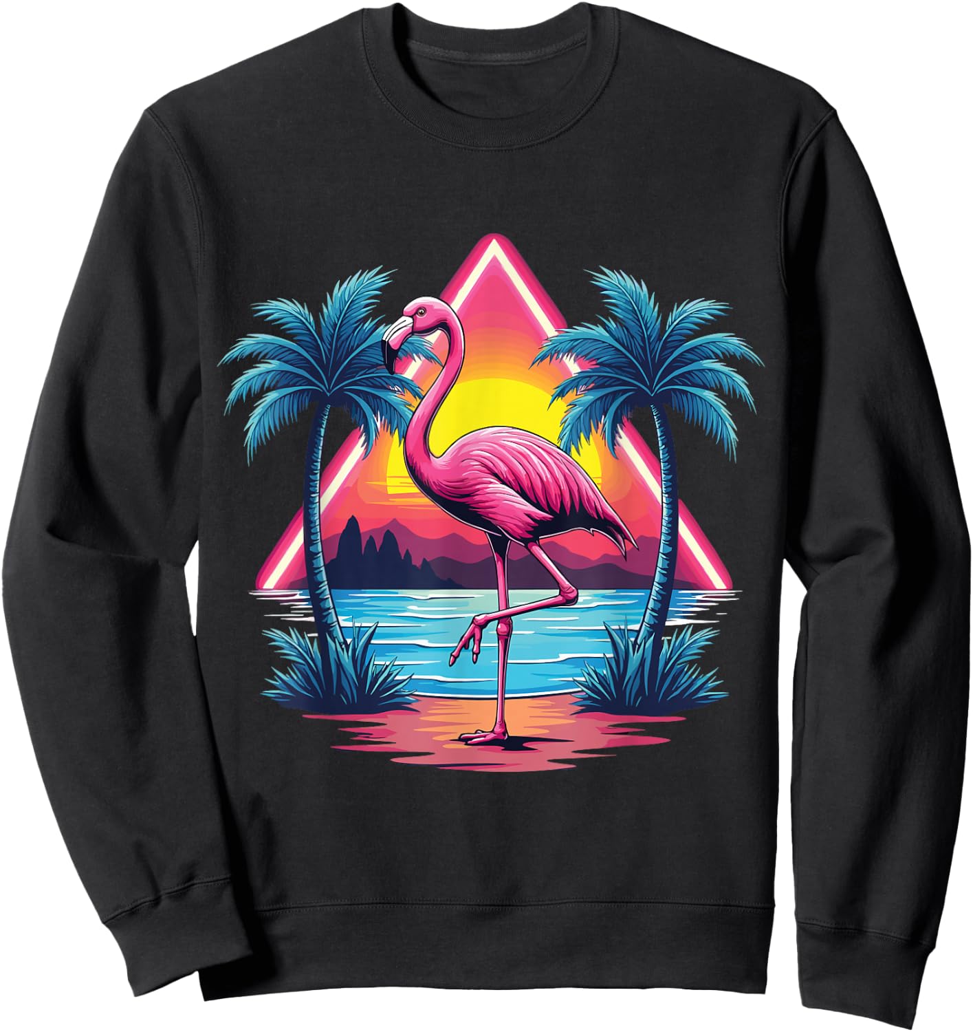 Flamingo Summer Vibes Retro Beach Palm Tree Sunset Flamingo Sweatshirt - Sweatshirt | Black