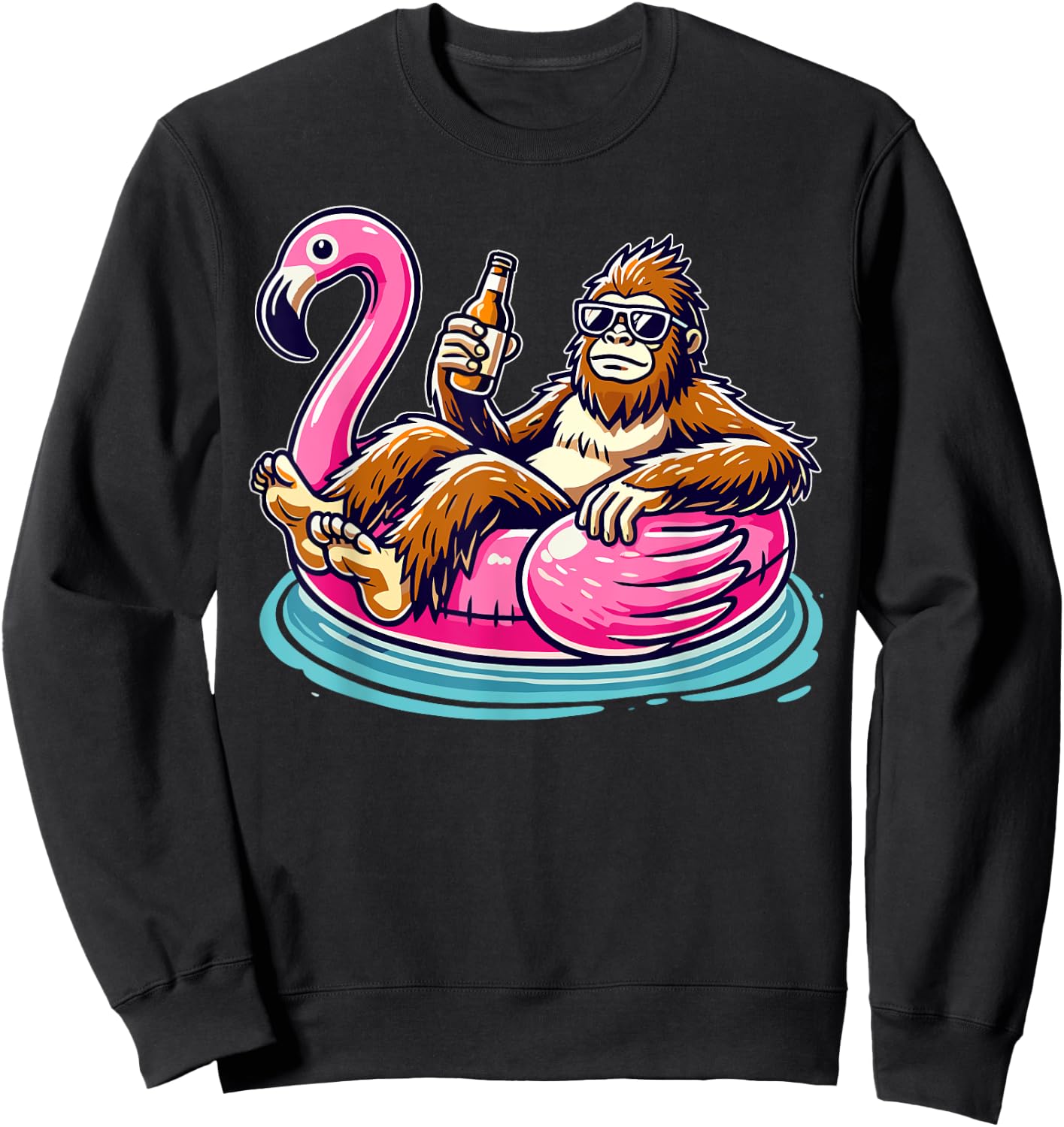 Bigfoot Chilling on Flamingo Float with Beer Fun Summer Vibe Sweatshirt - Sweatshirt | Black