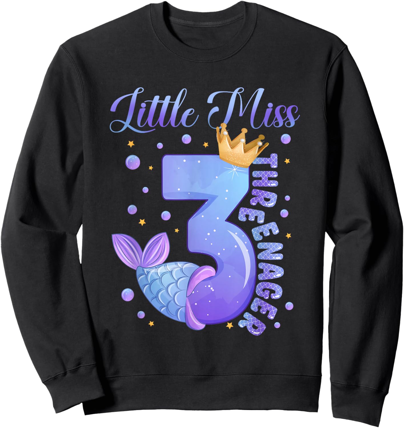 Little Miss Threenager Birthday Decorations Mermaid Girl Sweatshirt - Sweatshirt | Black