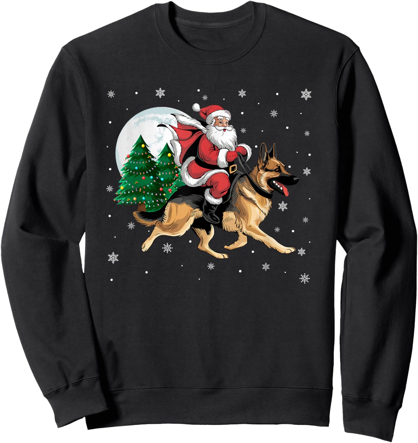 Santa Claus Riding German Shepherd Dog Christmas Tree Lights Sweatshirt - Sweatshirt | Black
