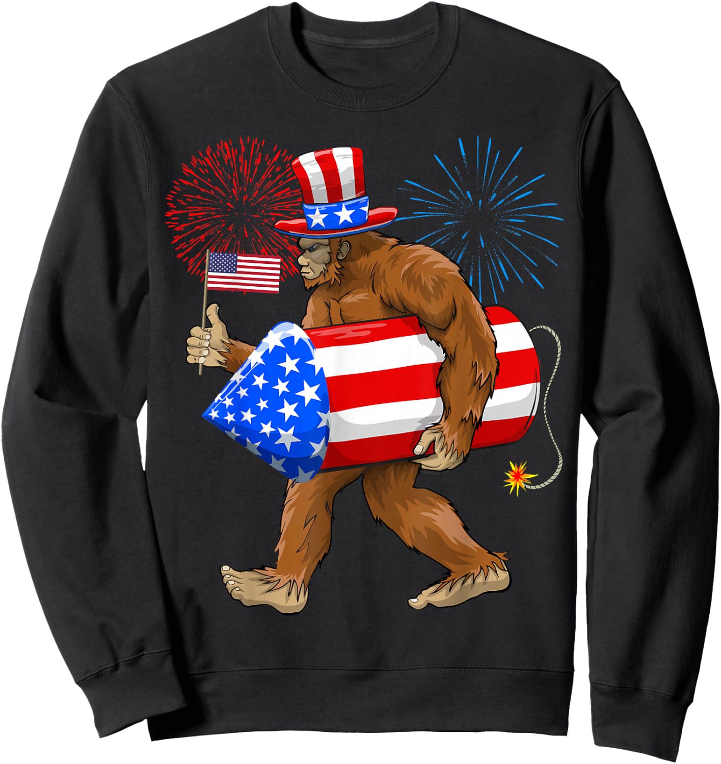 Patriotic Bigfoot, 4th of July, American Flag, Sasquatch Sweatshirt - Sweatshirt | Black