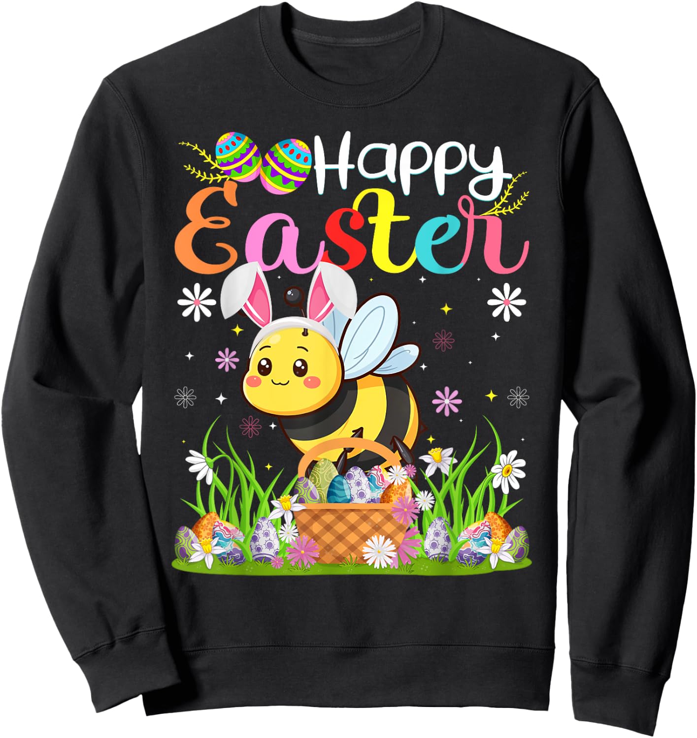 Bees Happy Easter Egg Hunt Bunny Ear Bees Easter Sweatshirt - Sweatshirt | Black