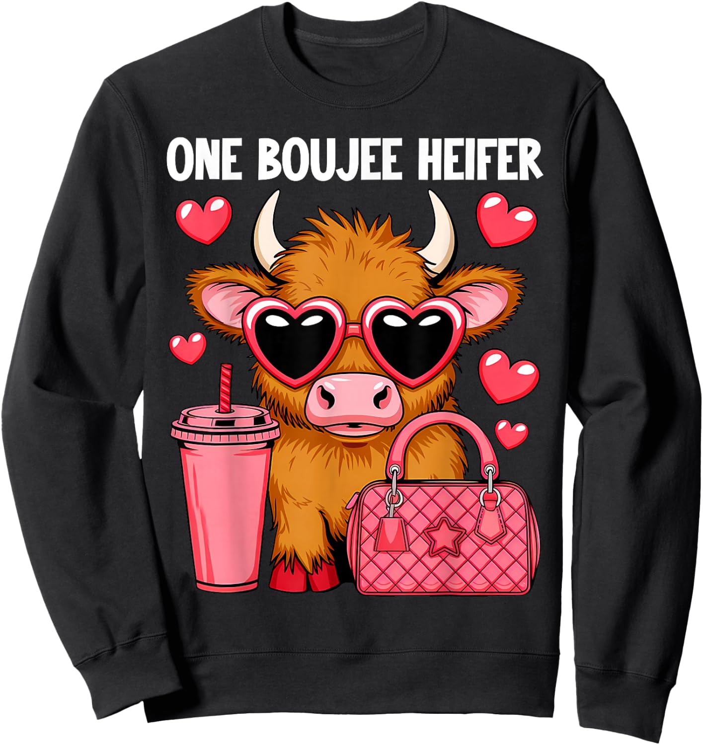 Highland Cow One Boujee Heifer Fashion Pink Cow Sweatshirt - Sweatshirt | Black