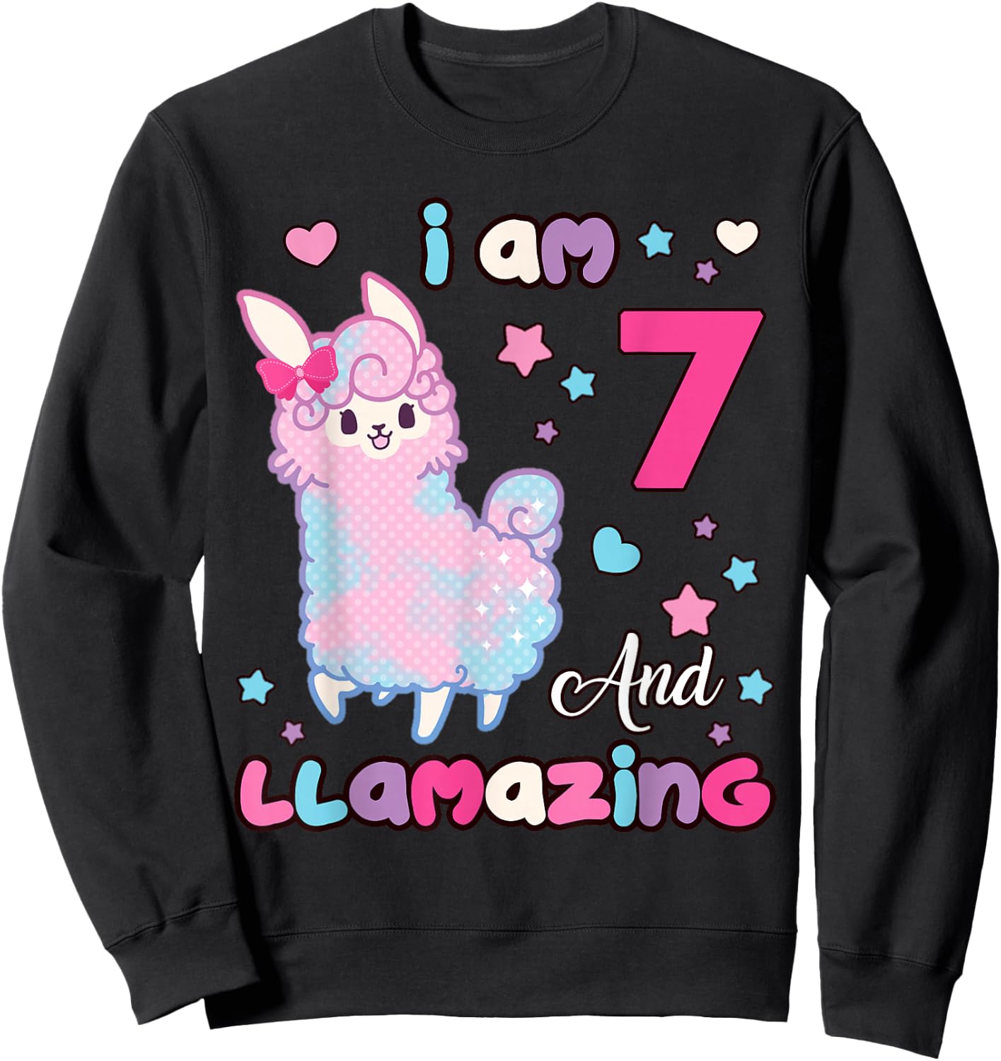 7 Years Old 7th Birthday Girl Llama I Am Seven and Llamazing Sweatshirt - Sweatshirt | Black
