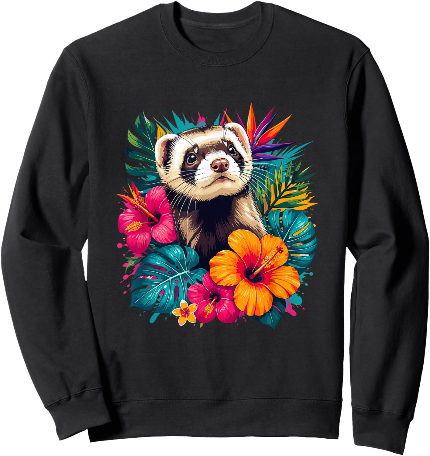 Colorful Ferret in Tropical Hibiscus Flowers Summer Sweatshirt - Sweatshirt | Black