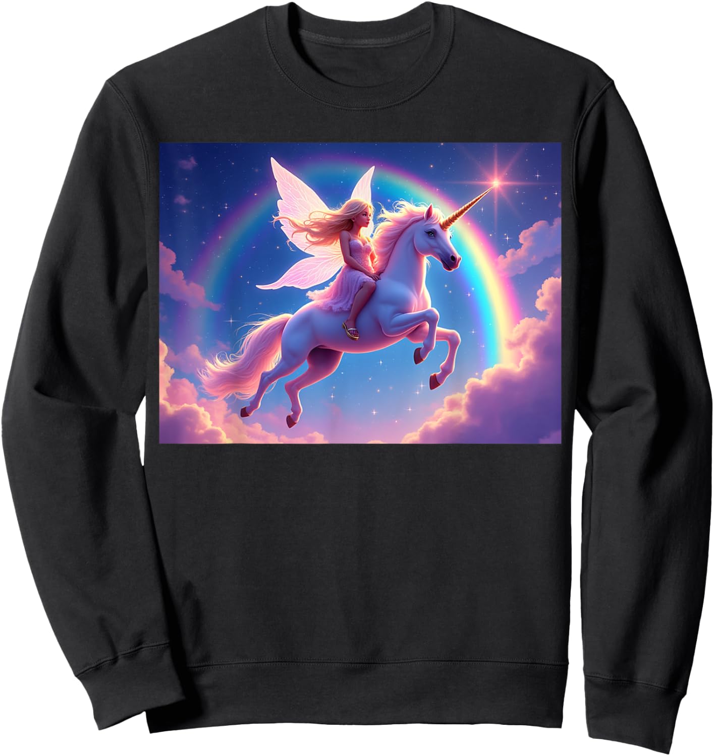 Fairy Riding a Unicorn With Rainbow and Stars Background Sweatshirt - Sweatshirt | Black