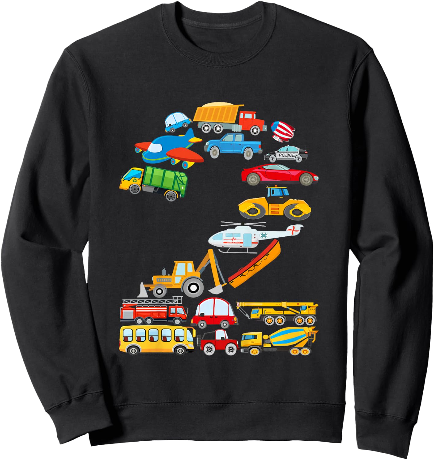 Kids 2nd Birthday for Boys Cars Vehicles Fire Truck Airplane Sweatshirt - Sweatshirt | Black