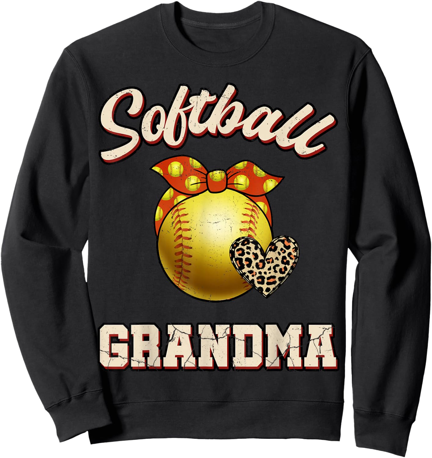 Softball Grandma Leopard Heart Fans Mother's Day Gift Sweatshirt - Sweatshirt | Black