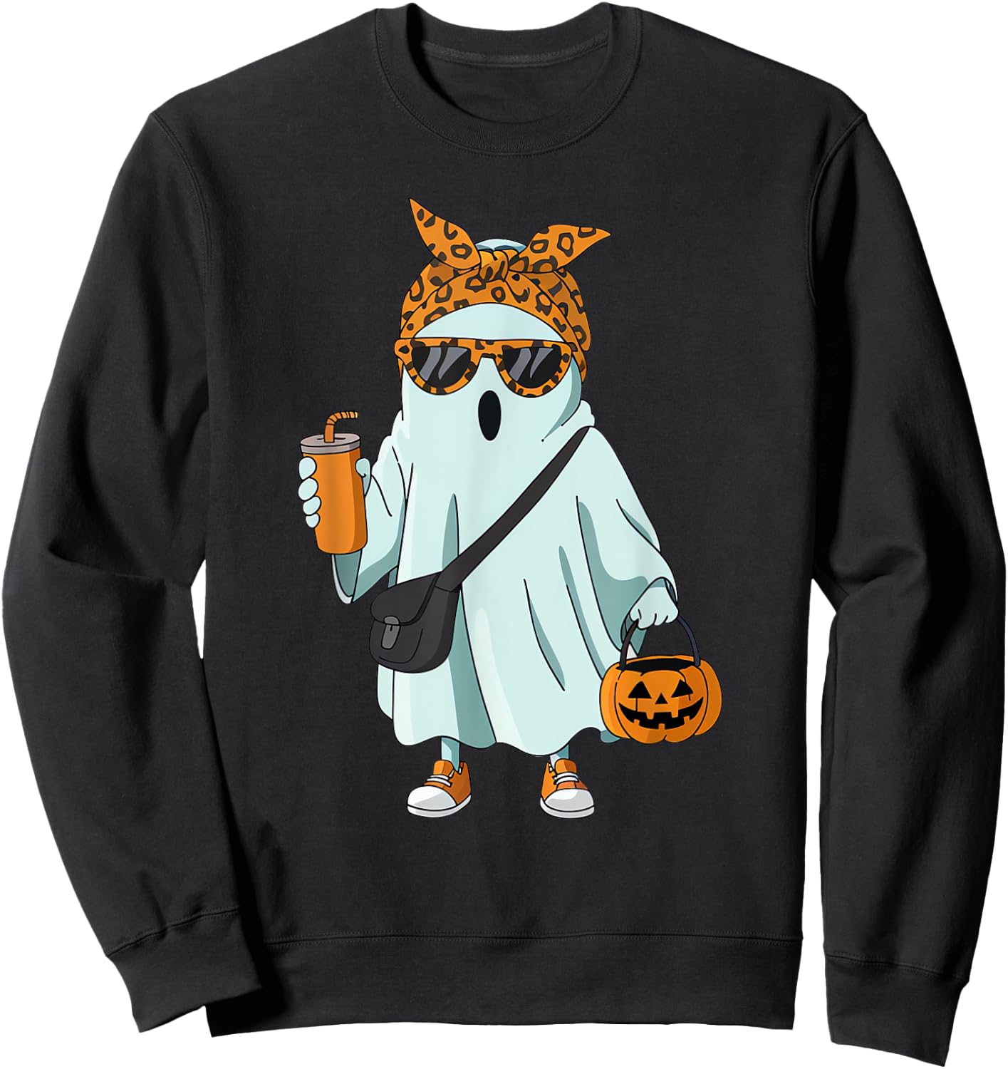 Halloween Ghost Coffee Cute Ghost Drinking Coffee Leopard Sweatshirt - Sweatshirt | Black