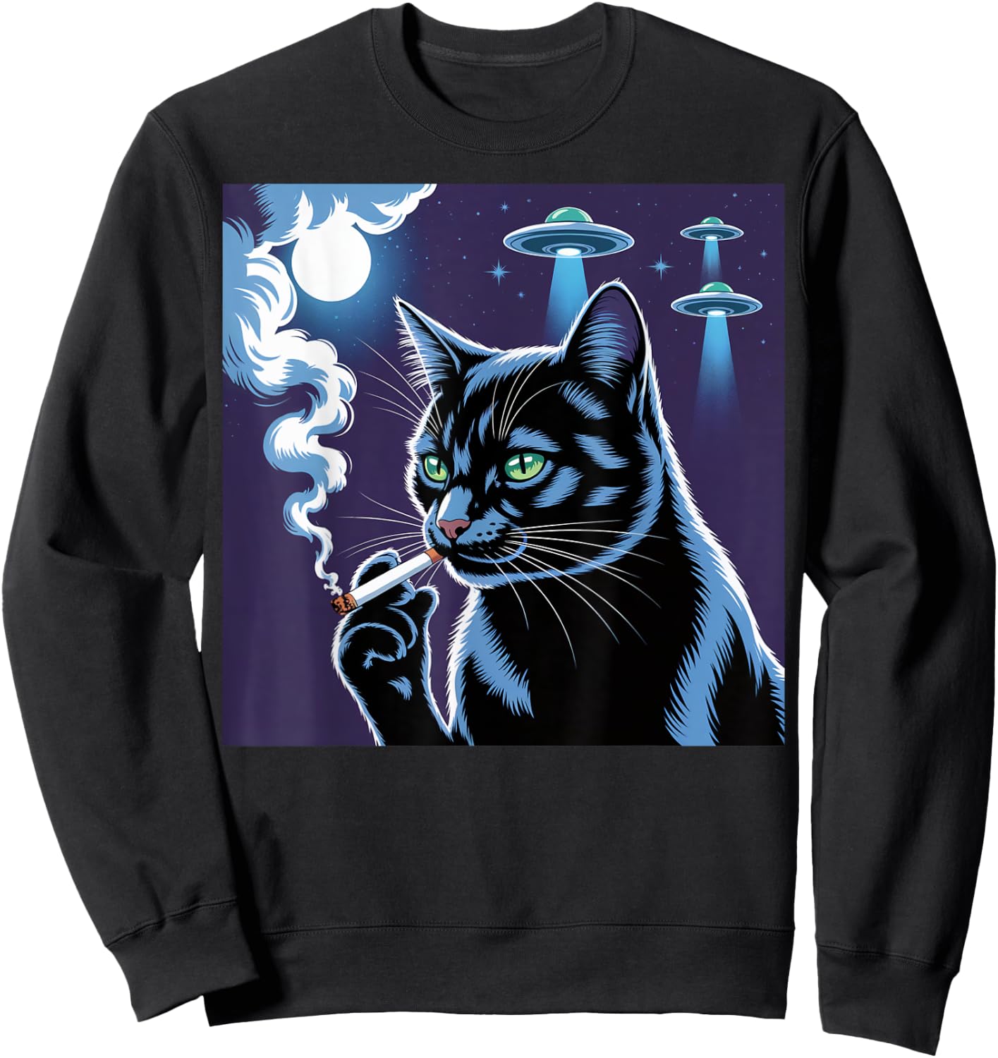 Smoking Cat Selfie Alien UFO Cat Black Smoking Cigarette Sweatshirt - Sweatshirt | Black