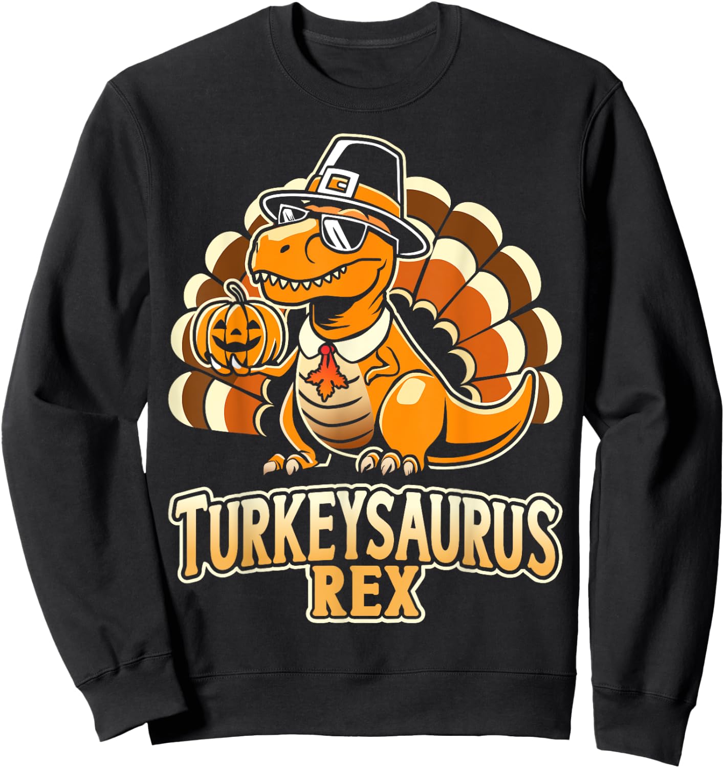 Funny turkeysaurus rex with dinosaur - -Adults, Kids - Black - Short Sleeve - - Cartoon Dinosaur - Thanksgiving Enthusiasts, Humor Lovers Sweatshirt - Sweatshirt | Black