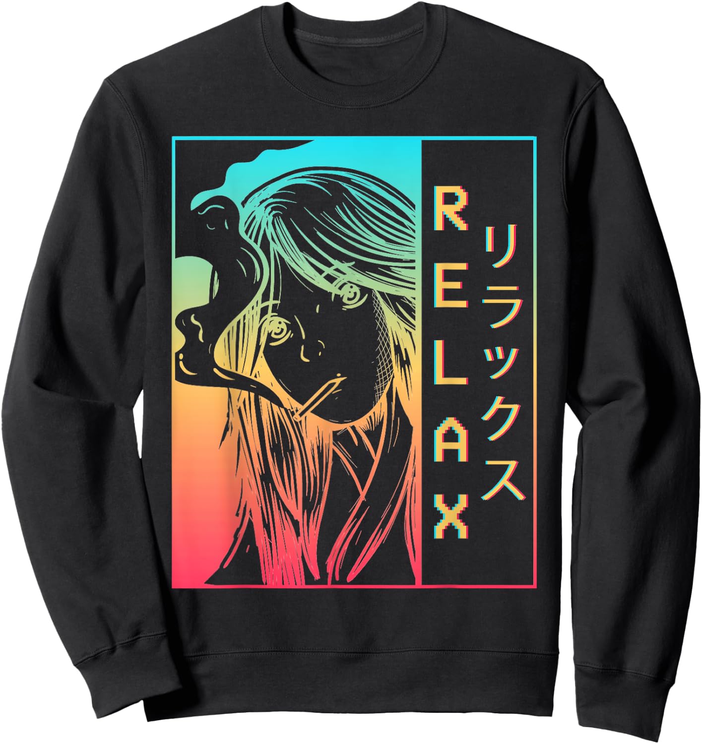 Vaporwave Aesthetic Anime Girl Sad Japanese Relax Harajuku Sweatshirt - Sweatshirt | Black