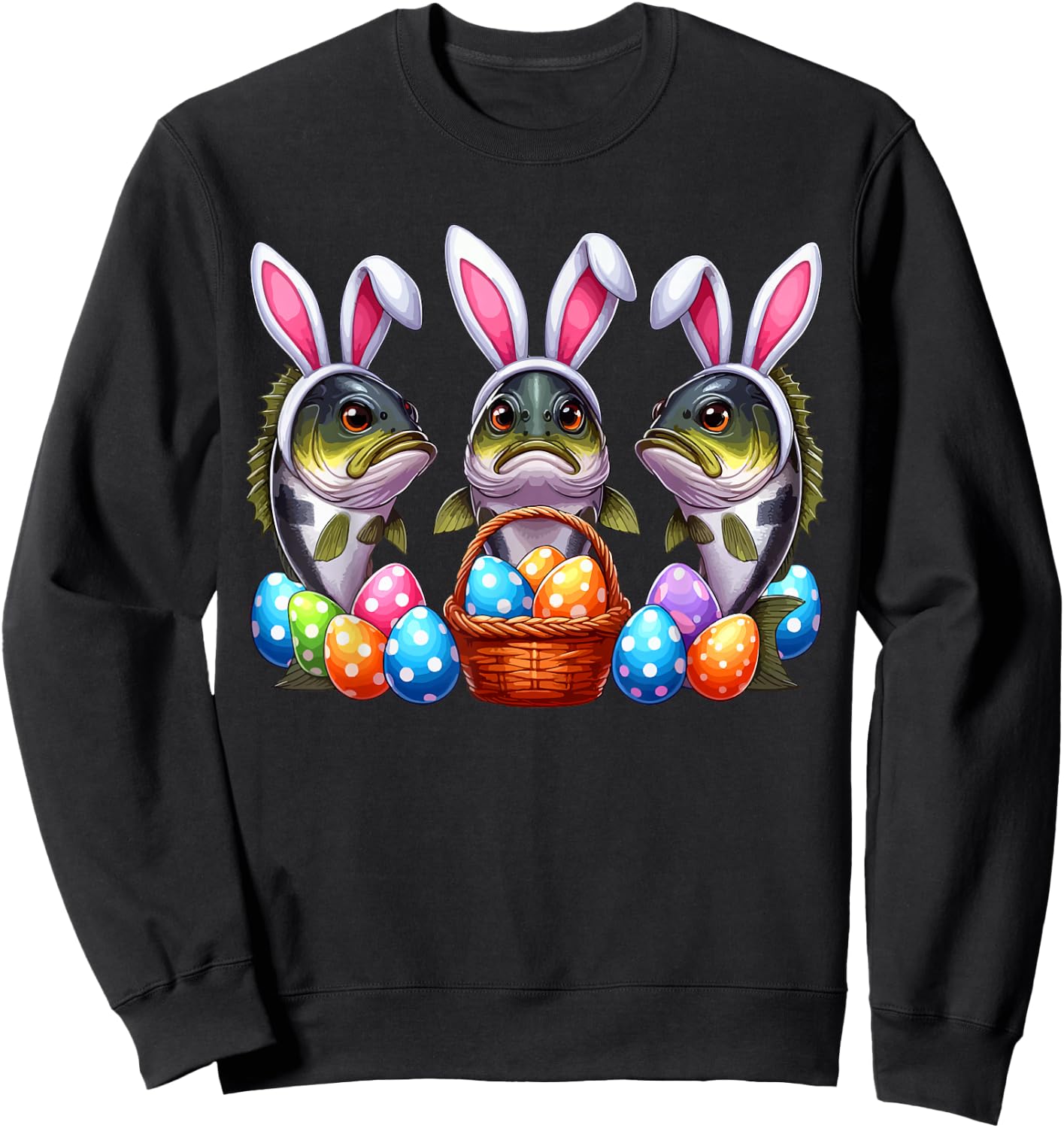 Three Easter Bunny Bass Fishes Hunting Eggs Basket Colorful Sweatshirt - Sweatshirt | Black