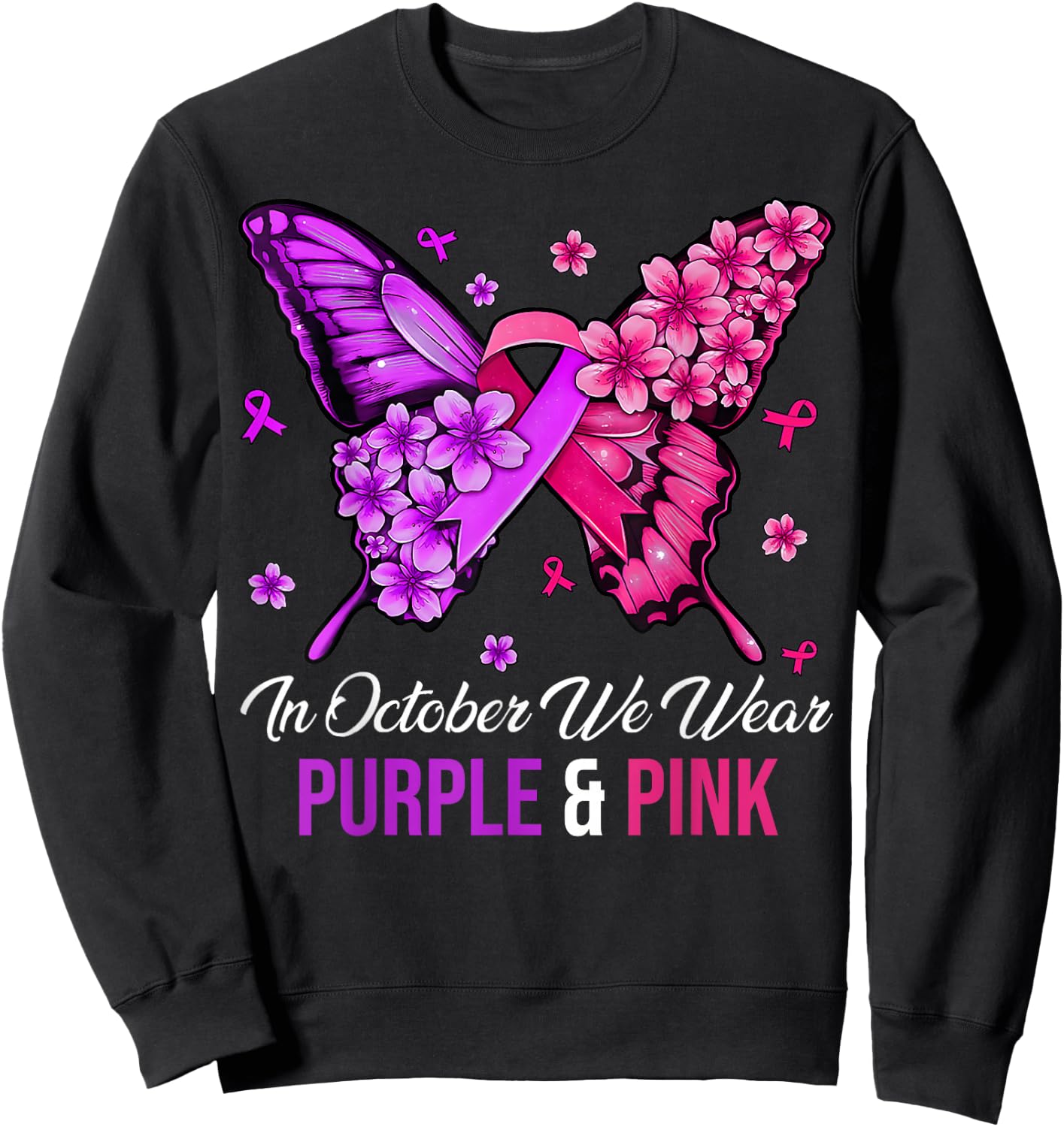 Breast Cancer And Domestic Violence Awareness Butterfly Sweatshirt - Sweatshirt | Black