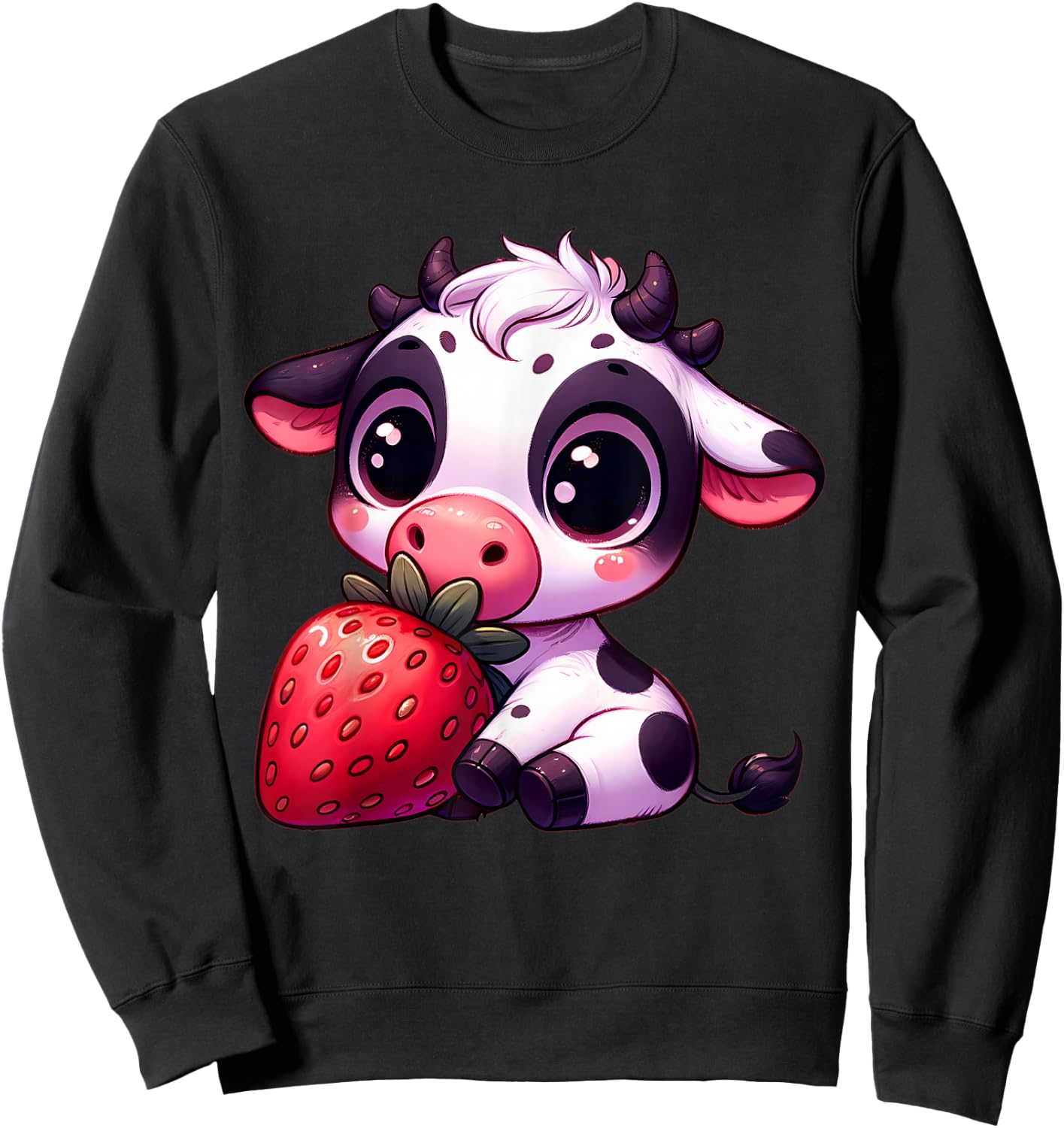 Cute Cow Eating Strawberry Kawaii Farm Animal Men Women Kids Sweatshirt - Sweatshirt | Black