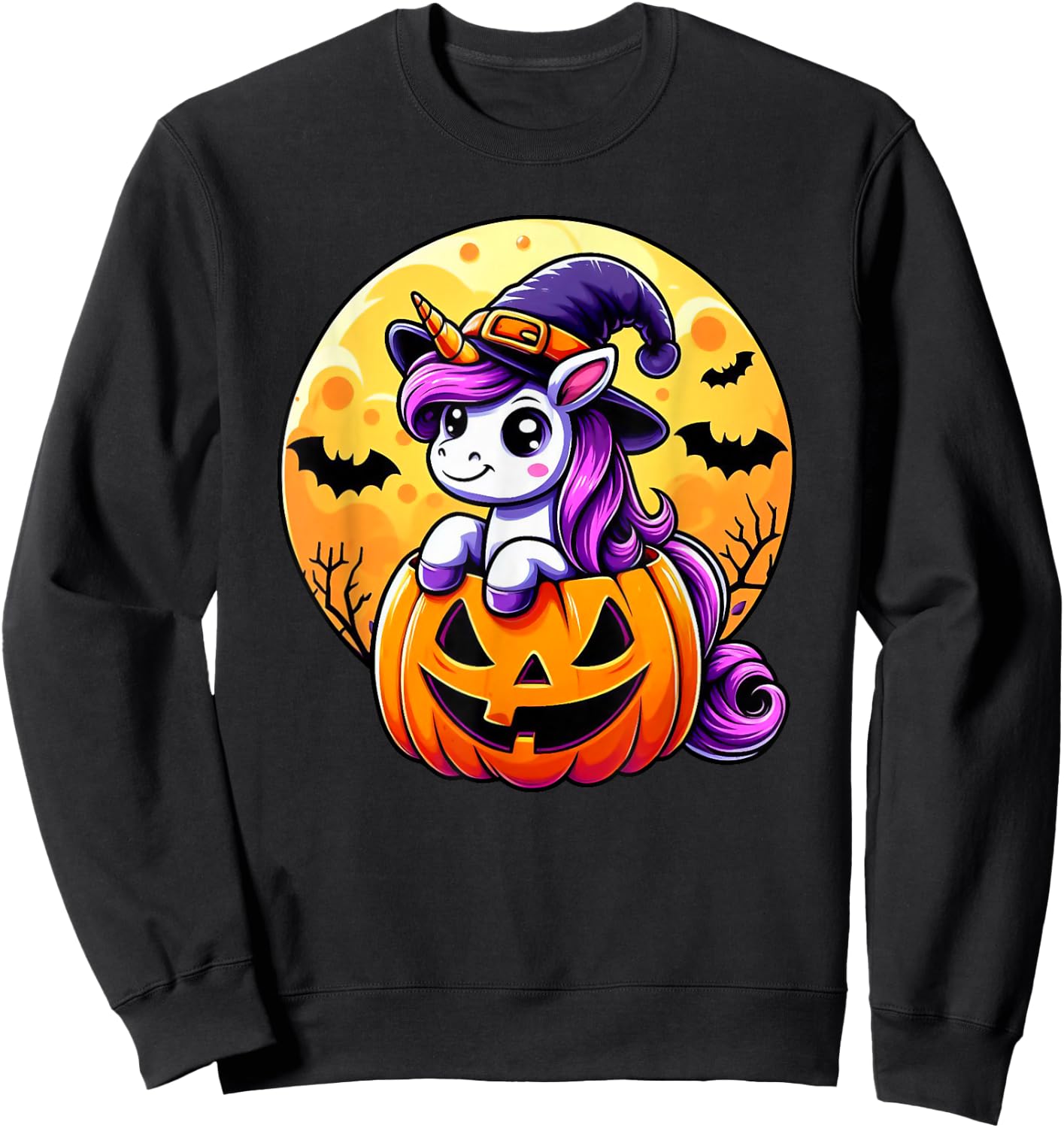 Halloween Cute Unicorn Witch Hat Pumpkin Funny For Kid Girl Sweatshirt - Sweatshirt | Black