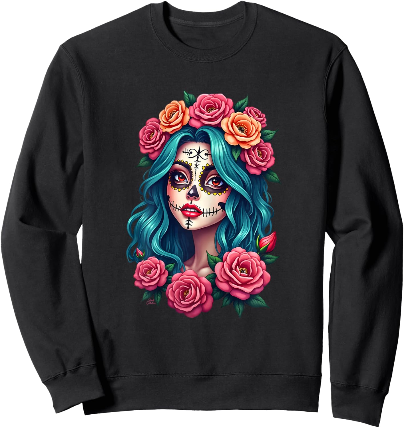 Dia de los Muertos Head Mexican Woman Mexico Sugar Skull , Black, Female X-Small Sweatshirt - Sweatshirt | Black