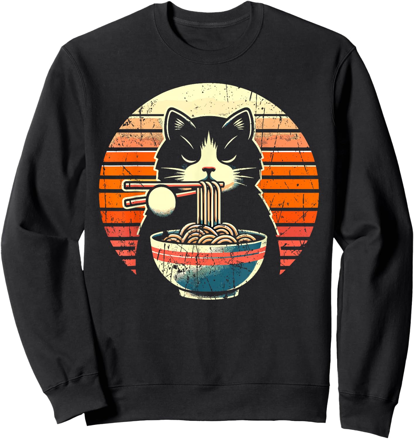 Anime Ramen Cat Retro Japanese Noodles Kawaii Cat Sweatshirt - Sweatshirt | Black
