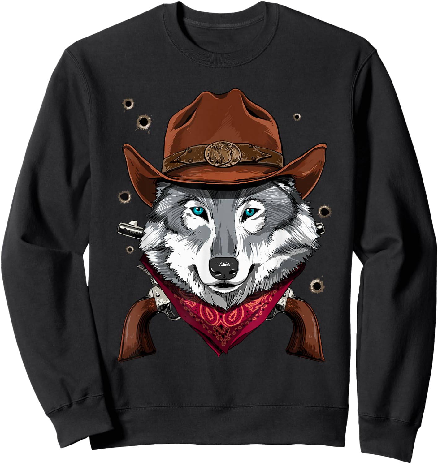 Cowboy Wolf Western Rodeo Cowboy Hat and Bandana Sweatshirt - Sweatshirt | Black