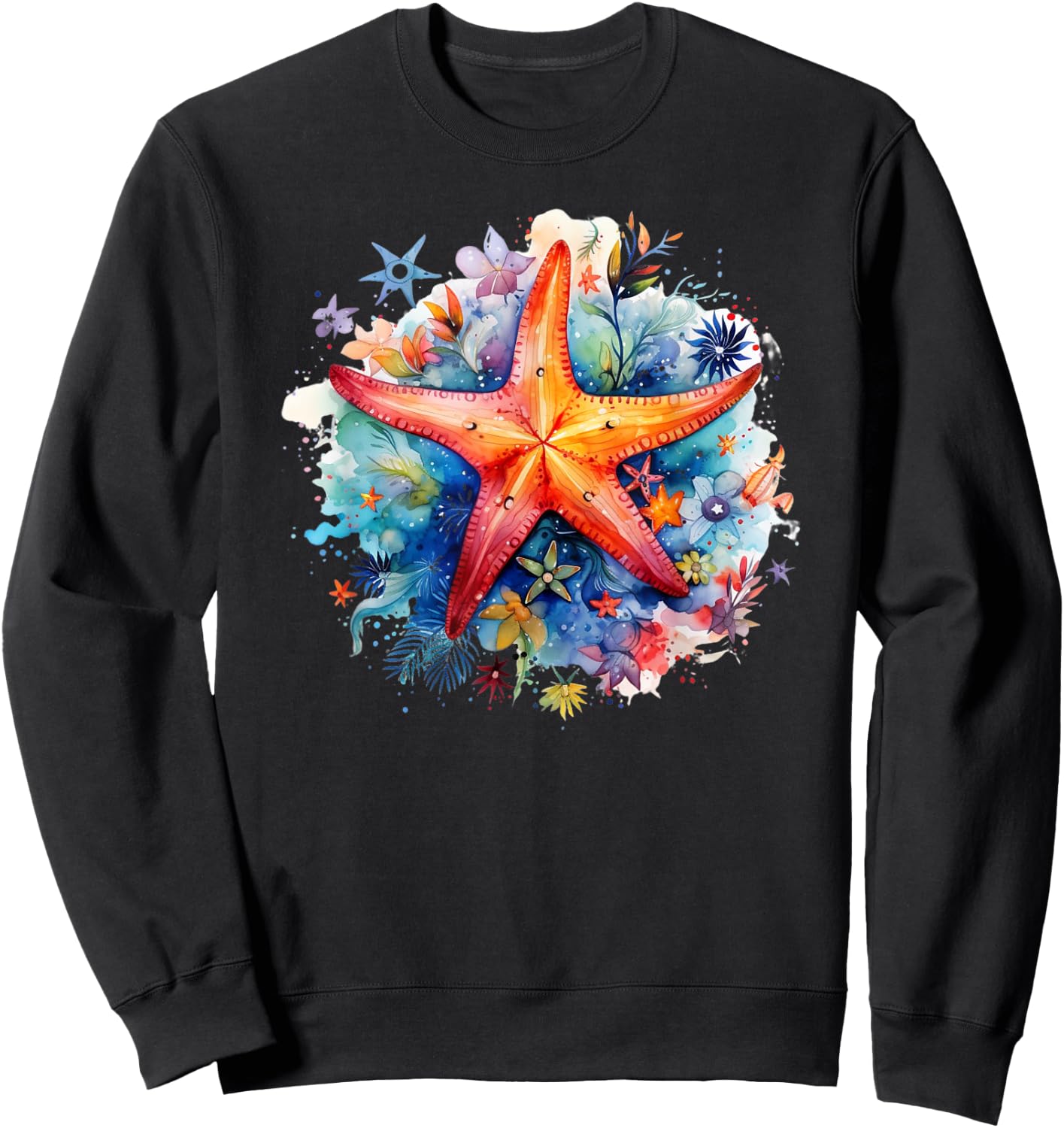 Ocean Themed Beach Vacation Graphic Sea Watercolor Starfish Sweatshirt - Sweatshirt | Black