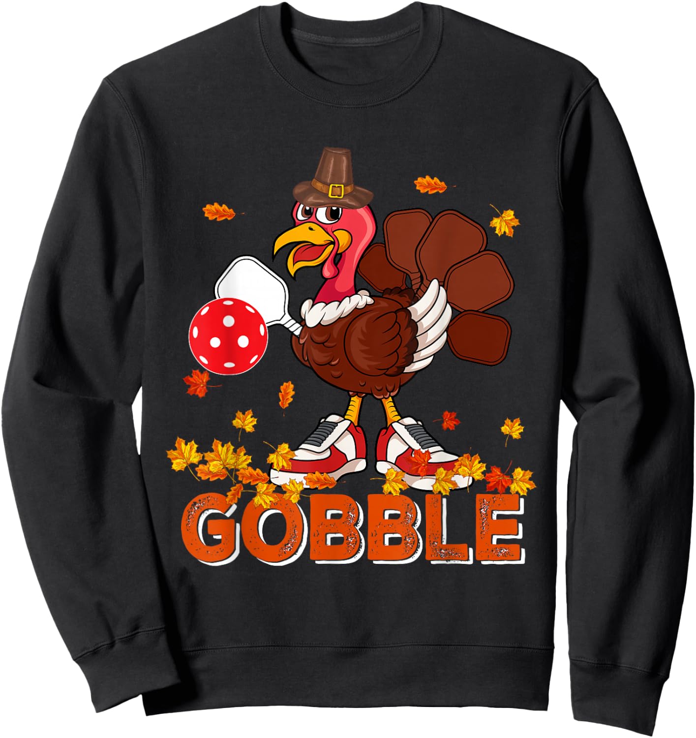 Vintage Gobble Thanksgiving Turkey Playing Pickleball Player Sweatshirt - Sweatshirt | Black