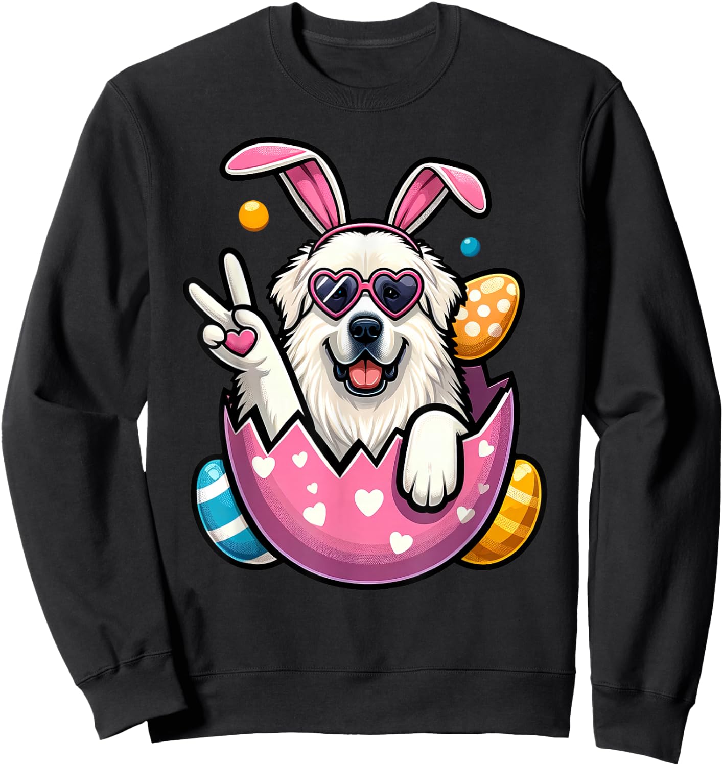 Peace Sign Hand Great Pyrenees Bunny Kids Easter Sweatshirt - Sweatshirt | Black