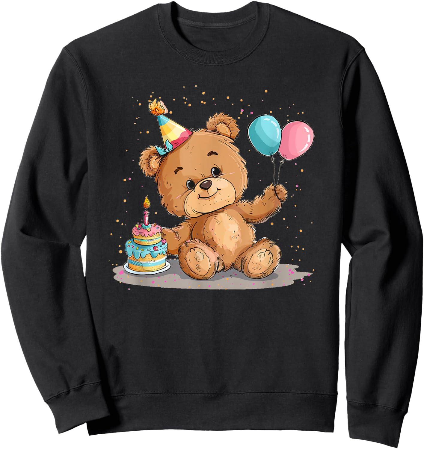 Pretty Teddy Bear with Party Hat and Birthday Balloons Sweatshirt - Sweatshirt | Black