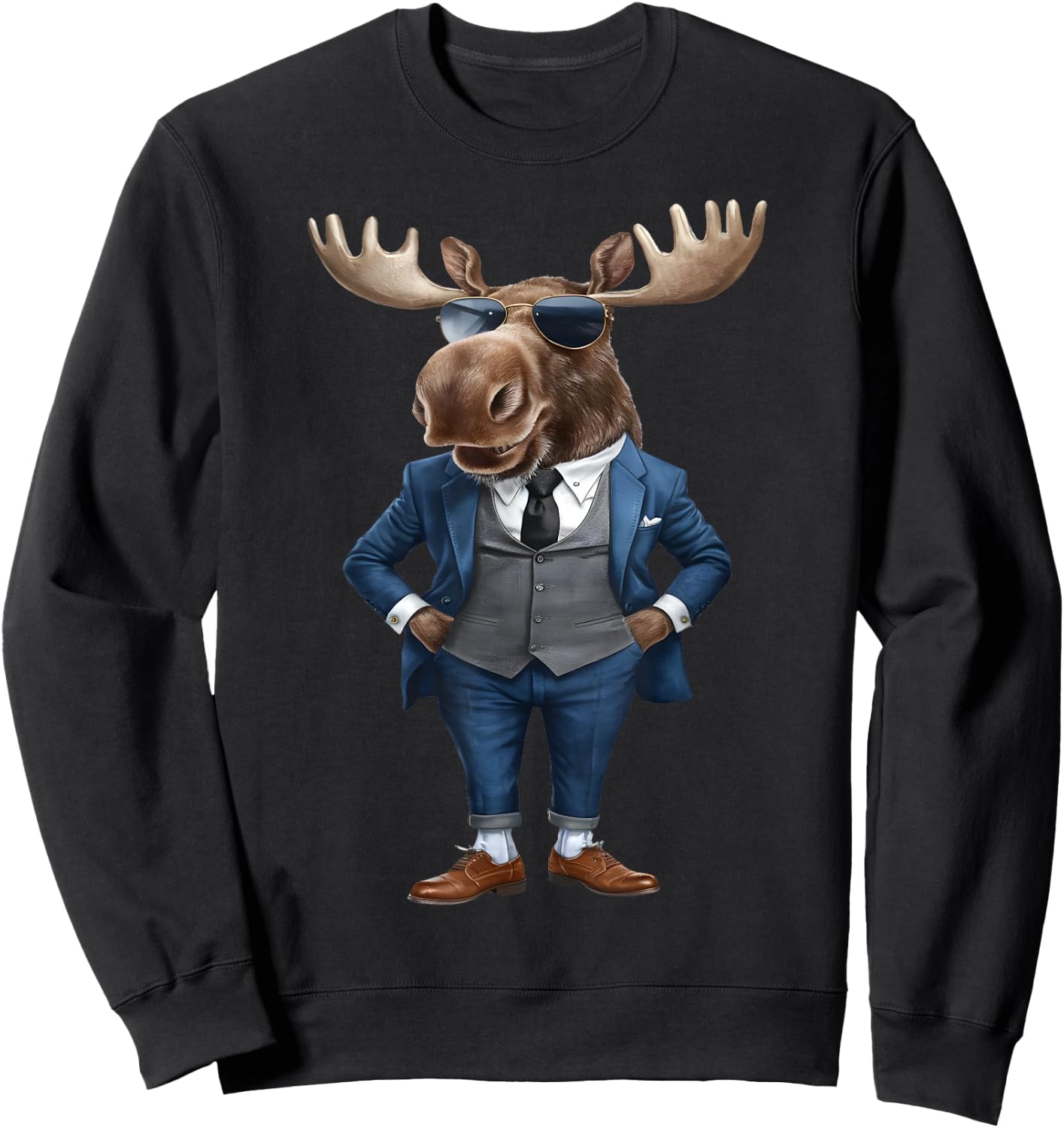 Moose Men Woman Moose In Suit - Black - Small - -Adult - Short Sleeve - Cotton, Polyester - Machine Wash Sweatshirt - Sweatshirt | Black