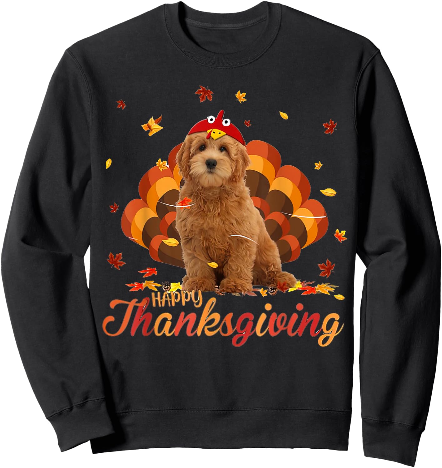 Cute Goldendoodle Happy Thanksgiving Turkey Dog Crispy Leaf Men Women Sweatshirt - Sweatshirt | Black