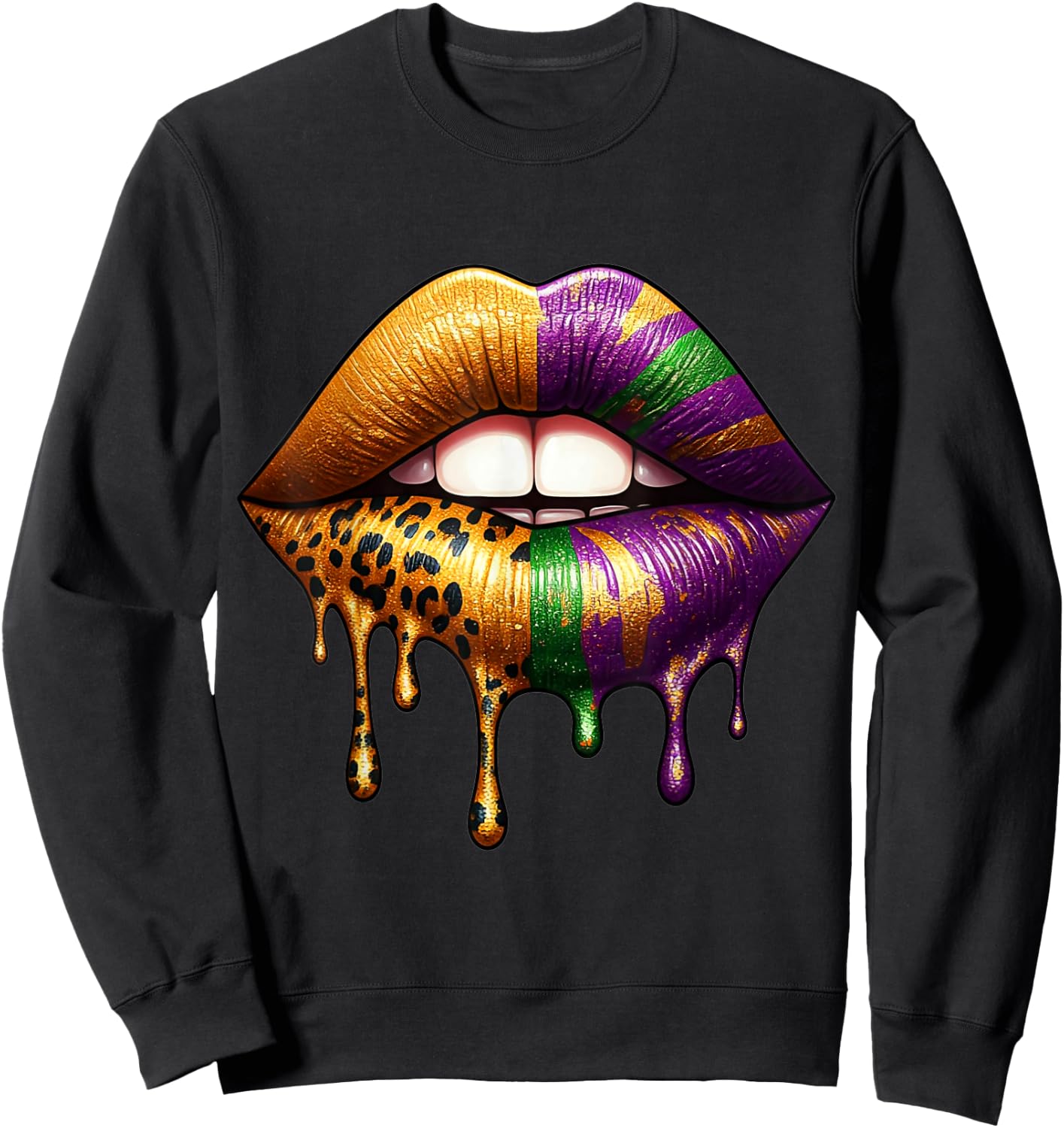 Eye-Catching Glossy Dripping Gold Leopard Print Lips Sweatshirt - Sweatshirt | Black