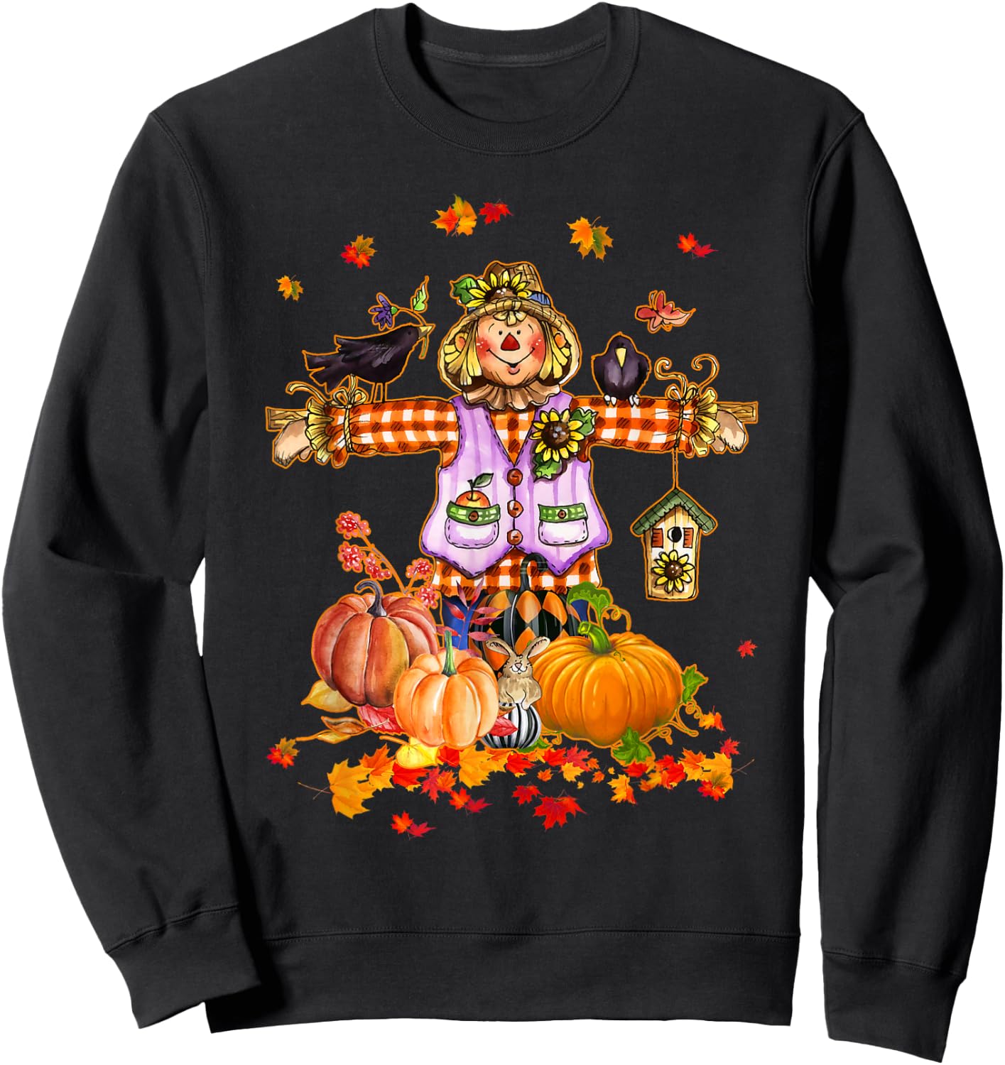 Scarecrow Autumn Hello Fall Pumpkin Thanksgiving Halloween Sweatshirt - Sweatshirt | Black