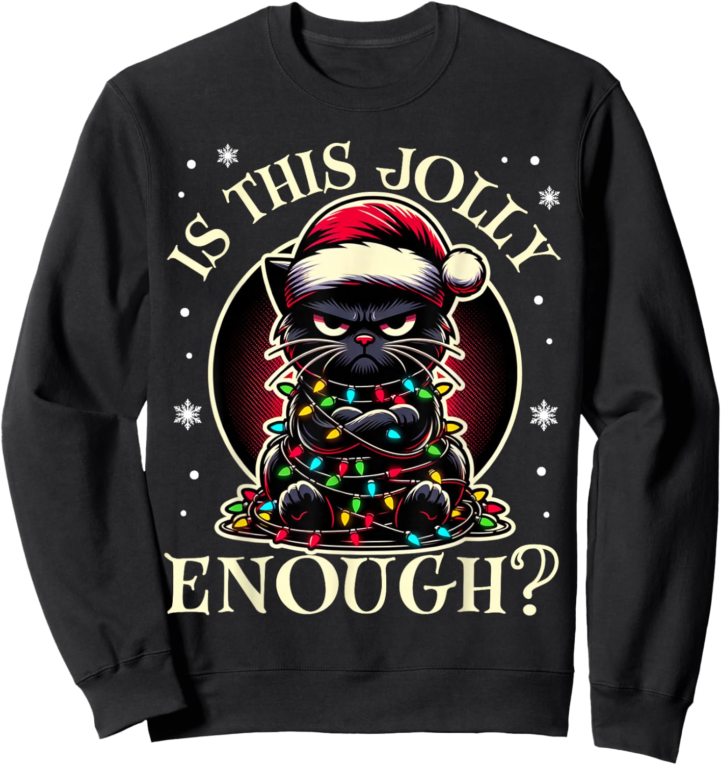 Is This Jolly Enough Funny Black Cat Christmas Tree Lights Sweatshirt - Sweatshirt | Black