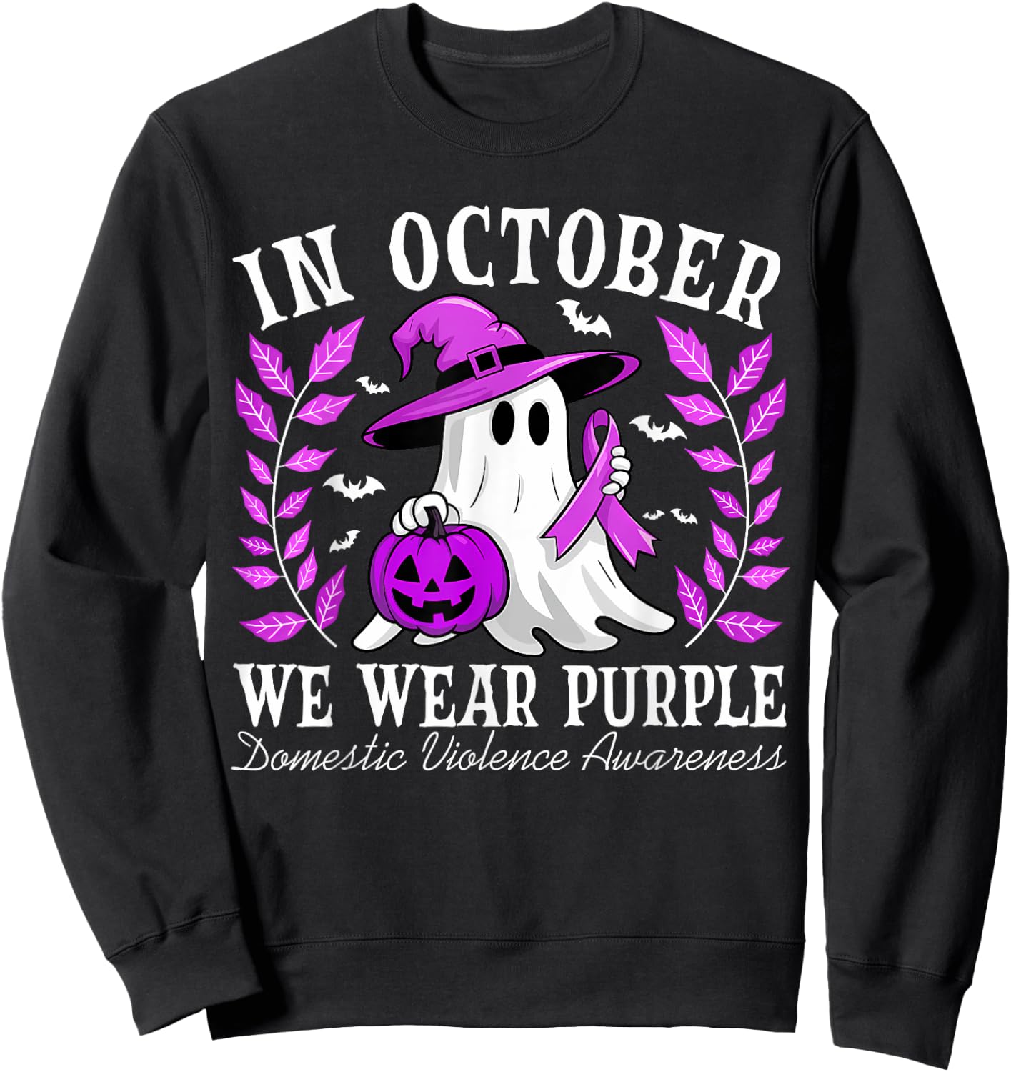 In October We Wear Purple Domestic Violence Ghost Halloween Sweatshirt - Sweatshirt | Black