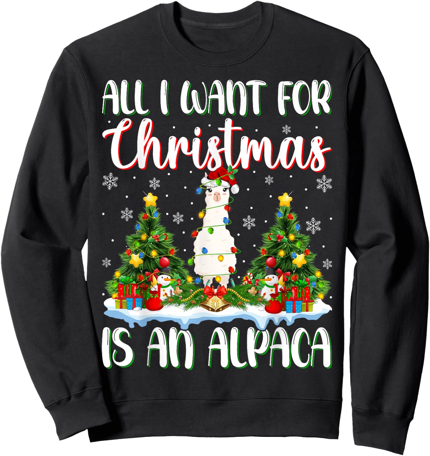 I Want For Christmas Is A Alpaca Xmas Tree Lights Sweatshirt - Sweatshirt | Black