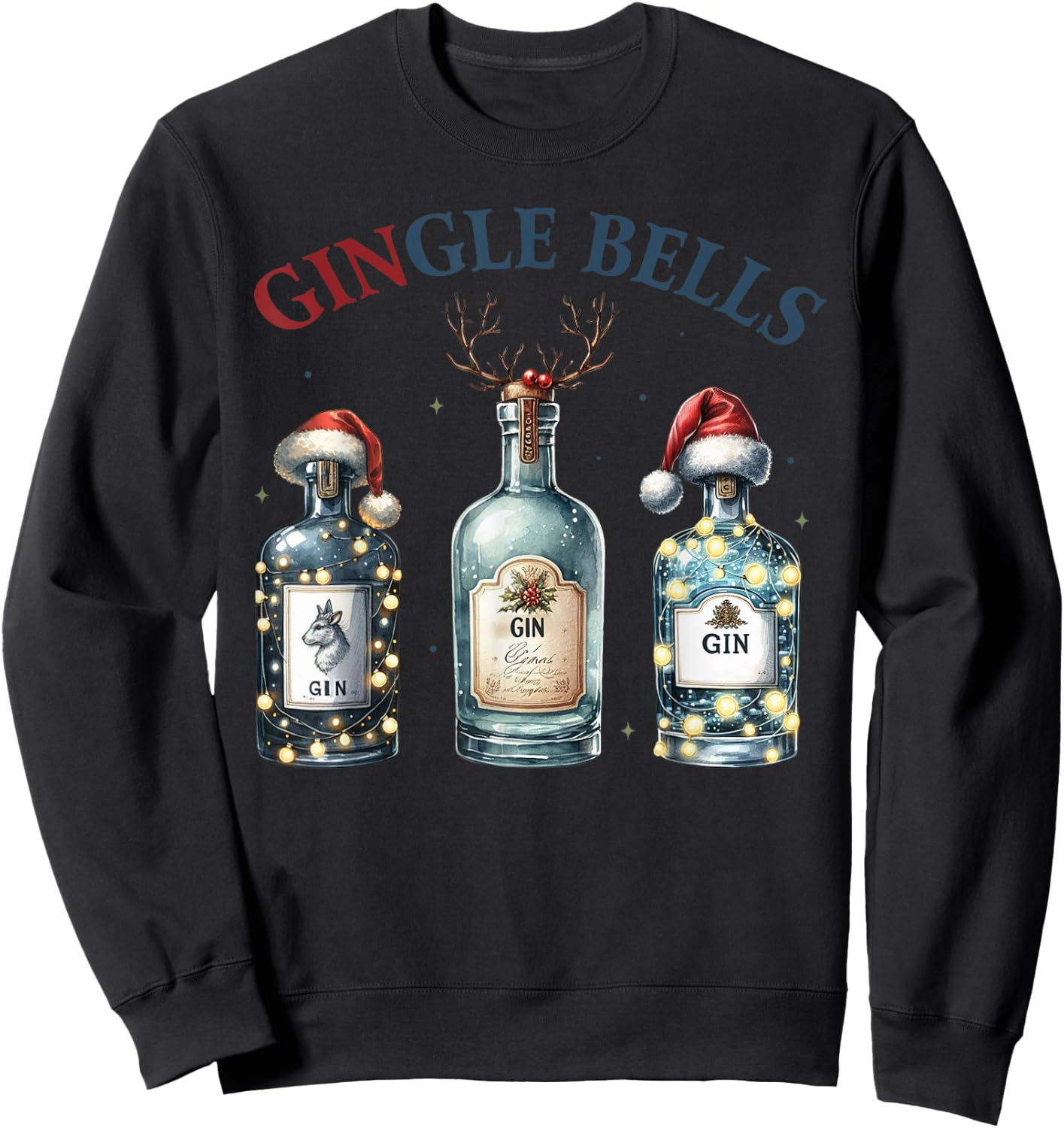 Christmas Gin Bottles with Christmas Hat Funny Gin Sweatshirt - Sweatshirt | Black