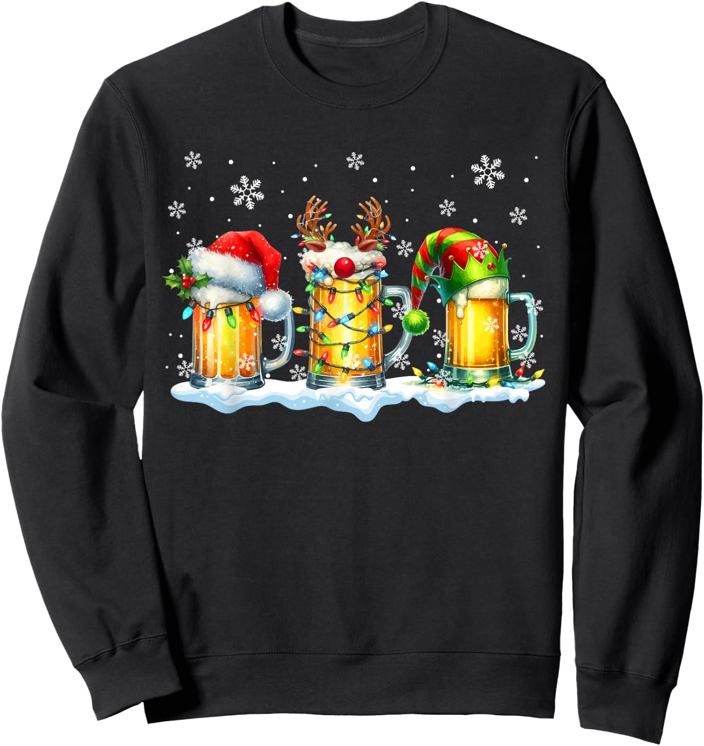 Three Glasses Beer Santa Reindeer, Elf, Christmas Drunk , Black, S Sweatshirt - Sweatshirt | Black