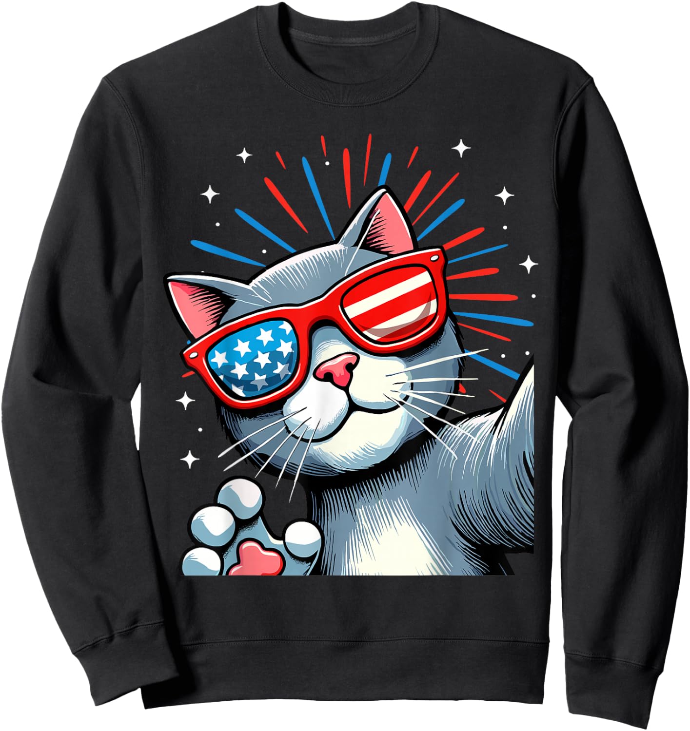 Cat Selfie with Fireworks American Flag 4th Of July Women Kids Men Sweatshirt - Sweatshirt | Black