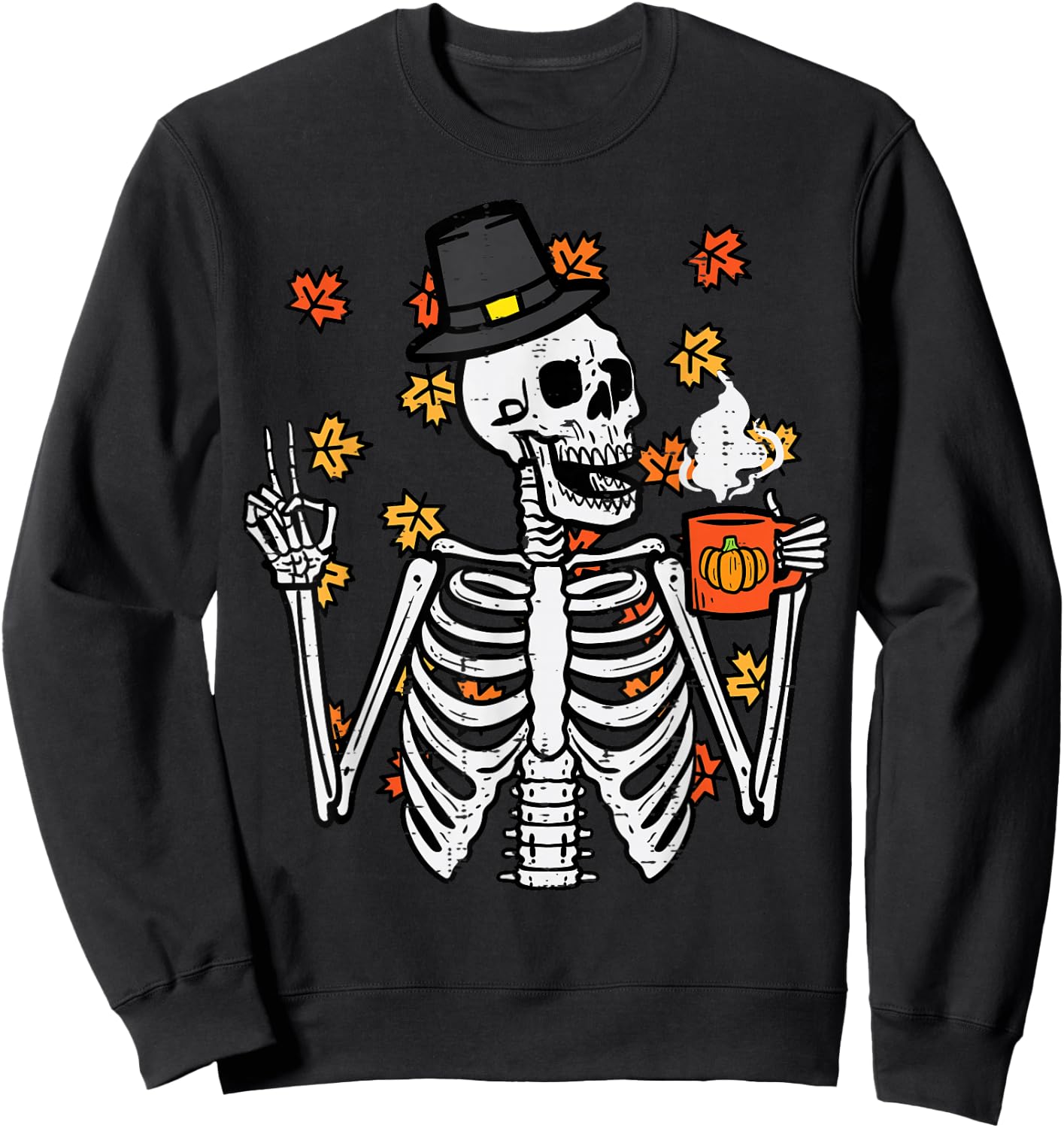 Thanksgiving Skeleton Peace Coffee Funny Fall Men Women Kids Sweatshirt - Sweatshirt | Black